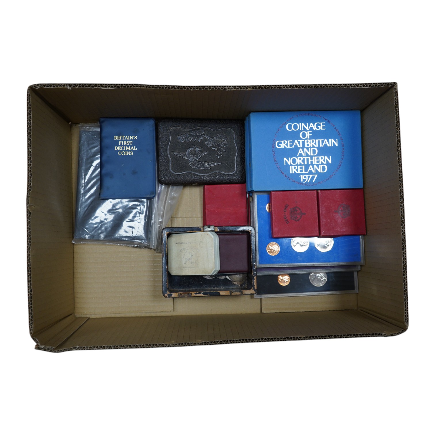 Royal Mint, QEII, UK proof coin year sets, two George V silver jubilee medals and a George VI silver Coronation medal another various coins